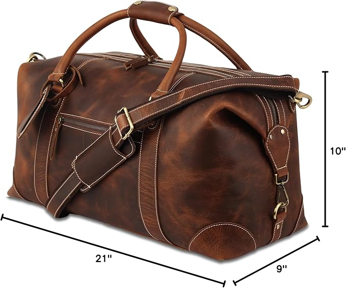 KomalC Leather Travel Duffle Bags for Men and Women Overnight Weekend Bag, Sports Gym Duffel (Dark Tan)