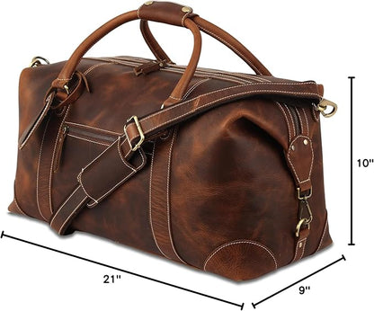 KomalC Leather Travel Duffle Bags for Men and Women Overnight Weekend Bag, Sports Gym Duffel (Dark Tan)
