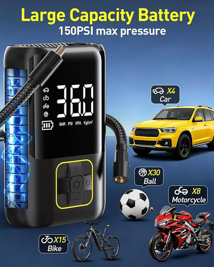 Tire Inflator Portable Air Compressor, 150 PSI Cordless Air Pump for Car Tires with Auto Shut-Off, LED Light and Digital Pressure Gauge, Electric Bike Tire Pump for Cars, Bike, Motorcycle, Ball