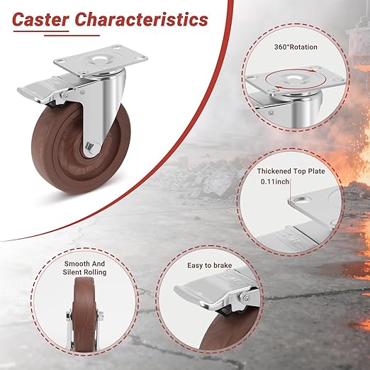 Nefish 5 Inch Casters Wheels, Heavy Duty Casters Set of 4, Durable Castor Wheels with Brake 2400 LBS, High Temperature Casters Glass Filled Nylon Wheels for Workbench, Industrial (-40°F to + 475°F)