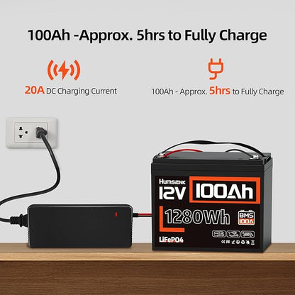 12V 100Ah LiFePO4 Battery Group 24-100A BMS with Low Temp Cutoff | 15000+ Deep Cycles for RV Solar Marine | Off-Grid Backup Power Rechargeable Lithium Iron Phosphate Battery, Incl. 14.6V 20A Charger
