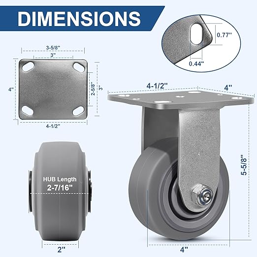 4 Inch Rubber Wheels (Flat Tread)- Heavy Duty Casters, Industrial Caster Wheels- with up to 700 LB Capacity- Use for Dollies, Utility and Maintenance Carts(2 Rigid)