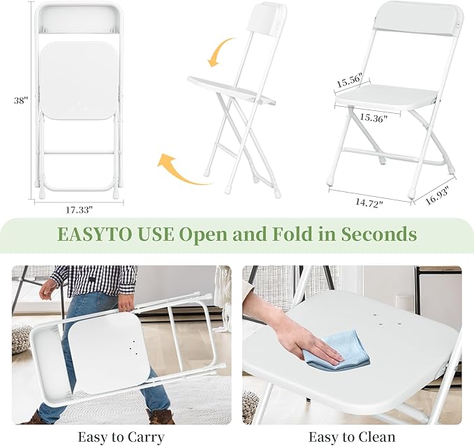 Folding Chairs 10Pack,White Plastic Folding Chairs for Indoor Outdoor,Portable Stackable Commercial Seat with Steel Frame 350lb.Capacity for Party Events Wedding Dining Picnic Office