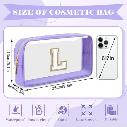 Personalized Initial Letter Clear Makeup Bag,Preppy Small Nylon&PVC Cosmetic Zipper Bag with Chenille Letter,Travel Skincare Toiletry Bag,Monogram Christmas Gift for Teen Girls Women,L