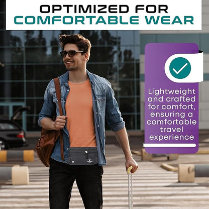 Travel Money Belt & Passport Holder - RFID Blocking Slim Travel Wallet & Fanny Pack for Men and Women - Essential Travel Pouch for Cash, Credit Cards, and Documents (Grey)