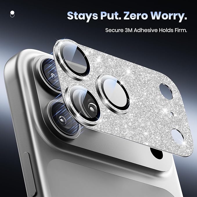 Hoerrye for iPhone 17 Pro Max Camera Lens Protector - [12FT Shatterproof Military Grade] [Strong Adsorption] Metal 9H+ Tempered Glass Camera Screen Full Cover Case Friendly,Glitter Silver