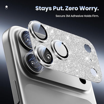 Hoerrye for iPhone 17 Pro Max Camera Lens Protector - [12FT Shatterproof Military Grade] [Strong Adsorption] Metal 9H+ Tempered Glass Camera Screen Full Cover Case Friendly,Glitter Silver