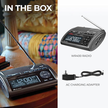 Midland - WR400 Weather Radio Deluxe - NOAA Emergency Alert Scanner – Home Use with Battery Backup - Local County Programming Over 80 Emergency Voice Flashing Alerts – Alarm Clock AM/FM Radio