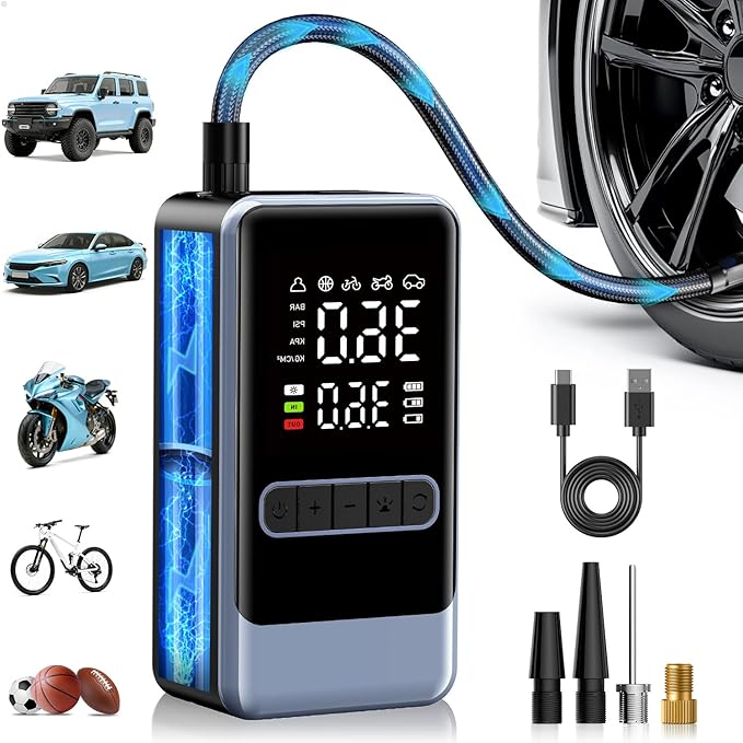 Tire Inflator Portable Air Compressor, 150PSI Cordless Air Pump for Car Tires, Electric Bike Tire Pump with Digital Pressure Gauge and LED Light, Portable Tire Inflator for Car, Moto, Bicycle