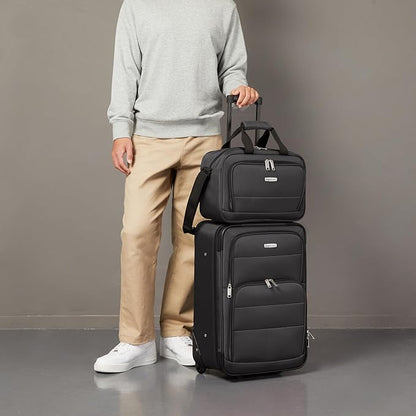 Amazon Basics Luggage Sets, Carry-On 23-Inch, tote 15-Inch, Suitcase With Wheels, Expandable Extra Space (+15%), Front Pockets and Telescopic Handle, Black