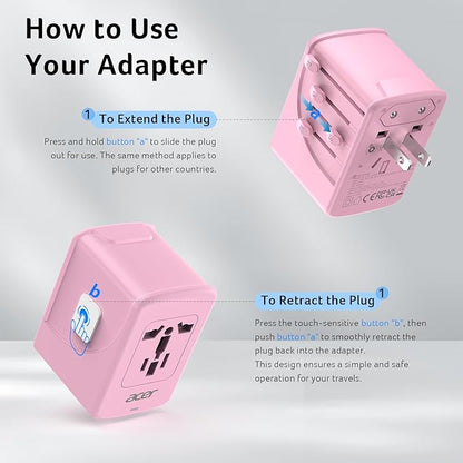 Acer Universal Travel Plug Adapter - International Power Adapter with 5 USB Ports (3 USB C) 5.8A, Worldwide Outlet Charger for USA to European UK France Germany Spain, Type C/E/F/G/I/L/A,Pink