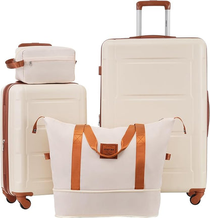 Merax Luggage Sets 4 Piece Suitcase Set, Expandable Hardside 20 IN & 28 IN Suitcase Set with Duffel Bag, Lightweight Travel Luggage with Spinner Wheels and TSA Lock(Khaki & Brown)
