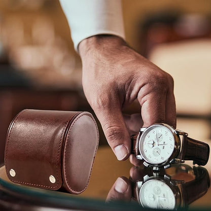 MR.OKAY Single Watch Travel Case- Classic Leather Watch Case With Superb Texture.Portable Watch Roll Or Organizer For Storage And Display. Men's Great Gift For Traveling, 100% Handmade by Artisans.