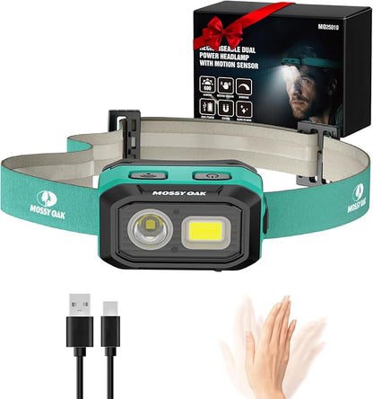 Mossy Oak 600 Lumens LED Headlamp, Dual Power Source, Motion Sensor Head Lamp with Magnetic Base, Stepless Dimming, Memory Mode for Camping, Running, Hiking, Christmas Gifts