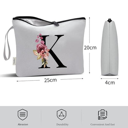 Vavabox A-Z Personalized Makeup Bag, Birthday Gifts for Women Mom, Gifts for Best Friend, Bride Bridesmaid Cosmetic bag (K, Grey)