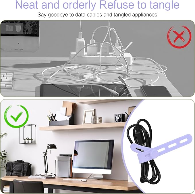 Donruby 24Pcs Silicone Cable Ties - Reusable & Washable with Locking Buckle Design, Adjustable Fastening Cable Straps, Multi-Purpose High Elasticity Cord Organizer (Purple)