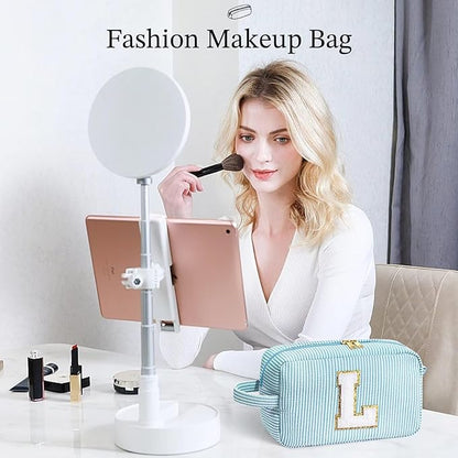 YooLife Monogram Initial Blue Cosmetic Bag - Personalized Makeup Toiletry Case for Women, Mom, Bridesmaid, Best Friend, Sister, Teacher Gifts