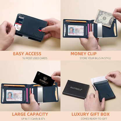 RUNBOX Money Clip Wallets for Men,Slim Leather Mens Bifold Wallet,RFID Blocking Front Pocket Wallet,Thin Credit Card Holder with Gift Box