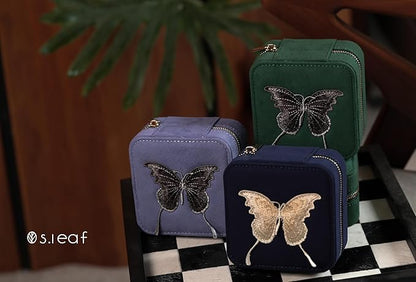 S.Leaf Travel Jewelry Organizer Boxes for Women Small Portable Necklace Earrings Bracelet Rings Travel Case Best Friend Birthday Gifts for Women Trendy (Butterfly_Green_Gray)