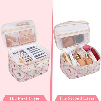 Makeup bag, Large Cosmetic Bag for Women Girls, Cute Quilted Makeup Bags, Floral Coquette Aesthetic Toiletry Bag, Travel Make Up Organizer Bag (Pink)