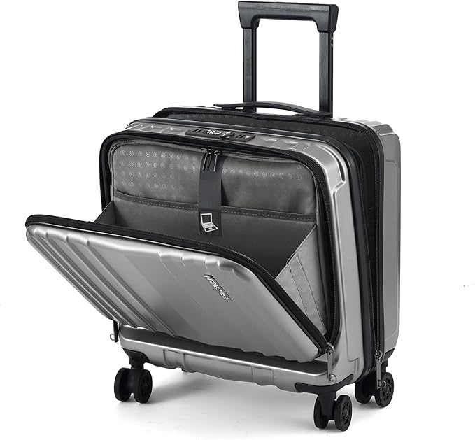 TydeCkare 16" Carry on Luggage with 2 Laptop Compartments, Lightweight Hardshell ABS+PC Suitcase with Dual Control TSA Lock, with YKK Zipper, 4 Spinner Silent Wheels, for Business Travel, Silver Grey