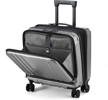 TydeCkare 16" Carry on Luggage with 2 Laptop Compartments, Lightweight Hardshell ABS+PC Suitcase with Dual Control TSA Lock, with YKK Zipper, 4 Spinner Silent Wheels, for Business Travel, Silver Grey