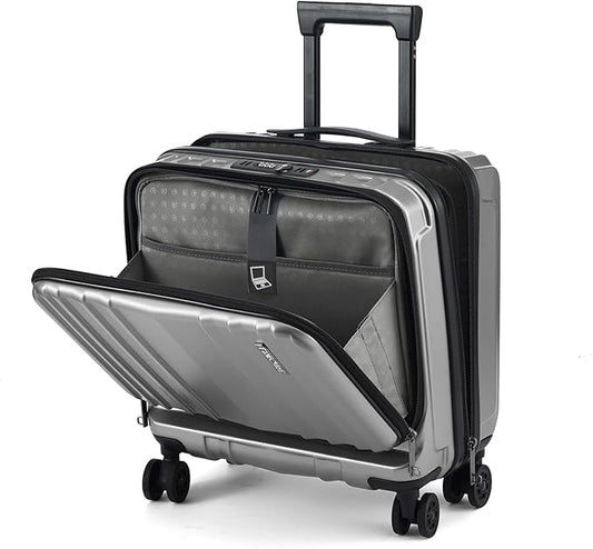 TydeCkare 16" Carry on Luggage with 2 Laptop Compartments, Lightweight Hardshell ABS+PC Suitcase with Dual Control TSA Lock, with YKK Zipper, 4 Spinner Silent Wheels, for Business Travel, Silver Grey