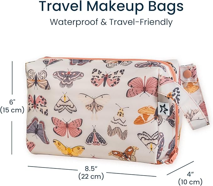 Tiny Twinkle Waterproof Travel Toiletry & Makeup Bag Organizer | Makeup Pouch with Multiple Compartments & Snap Handle for Travel | Gift for Teen Girls and Women (Flutter)