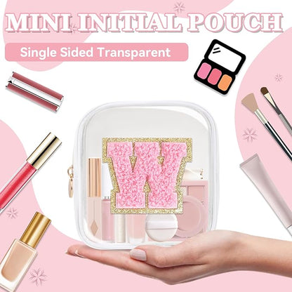 Iqimott Mini Clear Personalized Initial Makeup Bag, Small Preppy A-Z Chenille Letter Patch Cosmetic Pouch, Transparent PVC & Nylon Waterproof Zip Beach Toiletry Bag,Gift for Women Girls(White-Pink W)
