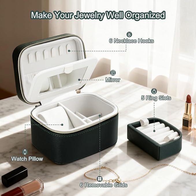 DesignSter Travel Jewelry Case,Small Jewelry Box with Mirror,Leather Material Travel Jewelry Case Organizer, Portable Jewelry Organizer with Zipper(Black)
