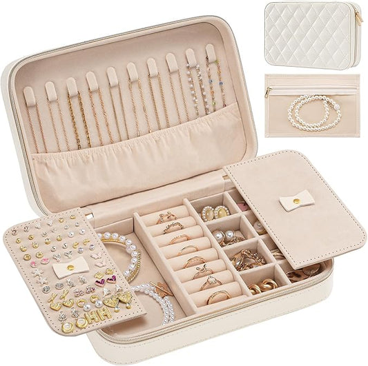 Lolalet Travel Jewelry Case for Women Girls, Travel Jewelry Organizer Box with Mirror & Clear Storage Bag, Small Portable Earring Necklace Bracelet Ring Case, Birthday Christmas Gifts -Medium, White