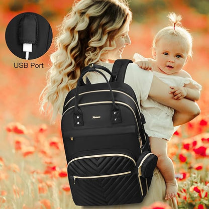 MOMUVO Diaper Bag Backpack, Quilted Baby Bag with Changing Pad and Stroller Straps, Dark Black
