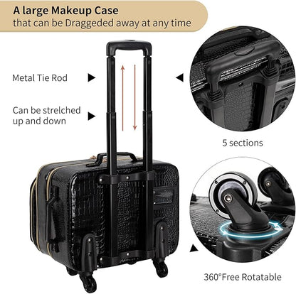 OCHEAL Rolling Makeup Train Case, 18" Carry On Travel Cosmetic Organizer Suitcase,Extra Large Trolley Makeup Storage Case On Wheels,3 Layers with 3pcs Traveling Bags for Hairstylist Cosmetology Artist