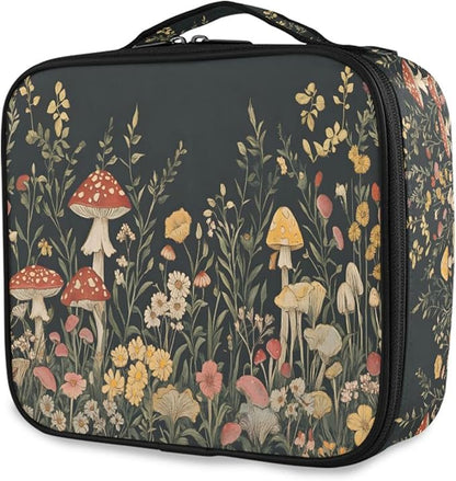 MNSRUU Travel Makeup Bag, Vintage Wildflower Mushrooms Women Makeup Case Organizer Cosmetic Toiletry Bag for Teenage Girl with Adjustable Dividers