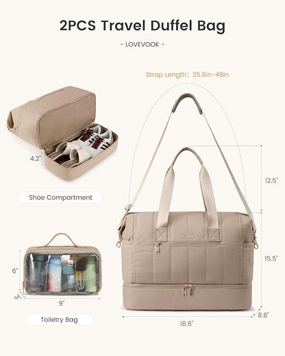 LOVEVOOK Travel Duffle Bag,Puffer Weekender Bags For Women with Shoe Compartment,42L Carry On Duffel Bags For Airplanes,Hospital Bag for Labor and Delivery,Overnight Bsg With Toiletry,2Pcs Set