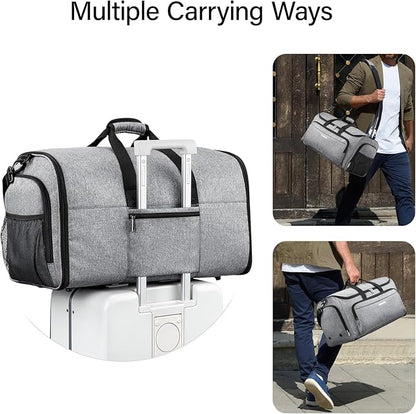 Hanke Carry on Garment Bags for Travel,Convertible Duffle Bag Luggage Bag Weekend Bag with Shoe Compartment,2 in 1 Hanging Suitcase Suit Bag for Men Women,Light Grey