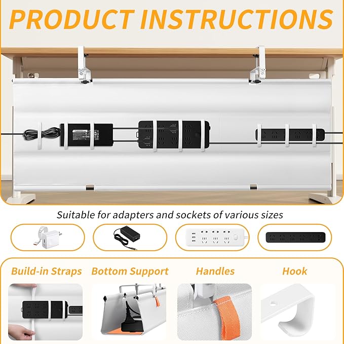 Under Desk Cable Management Tray, No Drill Desk Cord Organizer with Clamp, 48" Fabric Cable Management for Standing Desks Office & Home, White