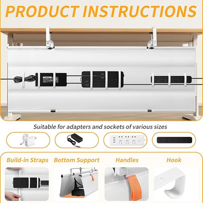 Under Desk Cable Management Tray, No Drill Desk Cord Organizer with Clamp, 48" Fabric Cable Management for Standing Desks Office & Home, White