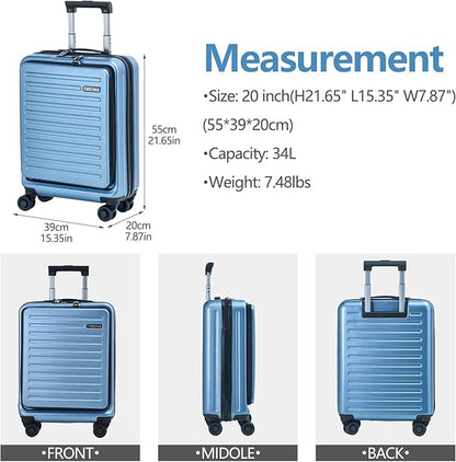 TydeCkare 20 Inch Carry On Luggage with Front Pocket, 21.65 * 15.35 * 7.87" Suitable for Airplane Overhead Bin, 34L Lightweight PC+ABS Hardshell with YKK Zipper, TSA Lock Approved, Ice Blue