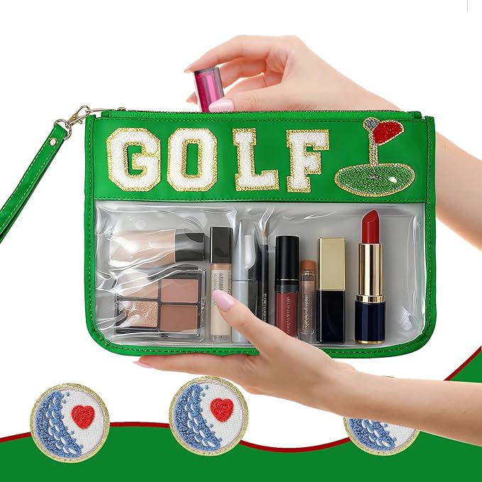 2 Pcs Golf Gifts Makeup Bag with Chenille Letter Patch,with Handles Golf PVC Waterproof Clear Makeup Bag,Portable Toiletry Storage Bag,Players & Fans Birthday, Team or Sports Lover Presents