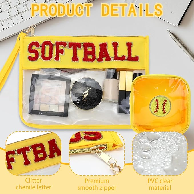 2 Pcs Softball Gifts Makeup Bag with Chenille Letter Patch,with Handles Softball PVC Waterproof Clear Makeup Bag,Portable Toiletry Storage Bag,Players & Fans Birthday, Team or Sports Lover Presents