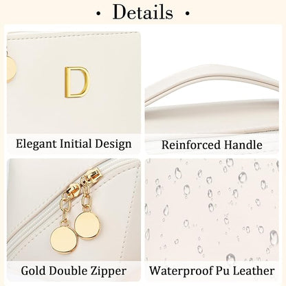 Birthday Gifts for Women Teen Girl, Personalized Initial Makeup Organizer Bag Set, Open Flat Travel Cosmetic Bag With Clear Divider and Handle(Beige,D)