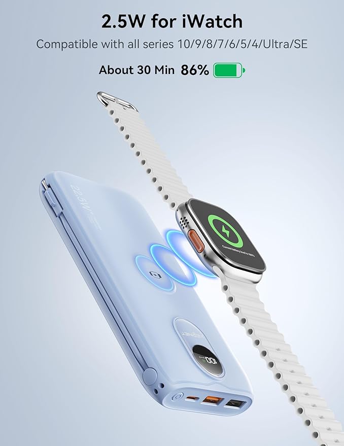 Portable Charger, 10000mAh 22.5W Fast Charging Power Bank with Built in Cable & Wall Plug, Travel Essential Battery Pack with LED Display, External Charger for iPhone 17/16, iWatch 11/10/9/8/Ultra/SE