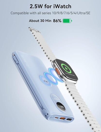 Portable Charger, 10000mAh 22.5W Fast Charging Power Bank with Built in Cable & Wall Plug, Travel Essential Battery Pack with LED Display, External Charger for iPhone 17/16, iWatch 11/10/9/8/Ultra/SE