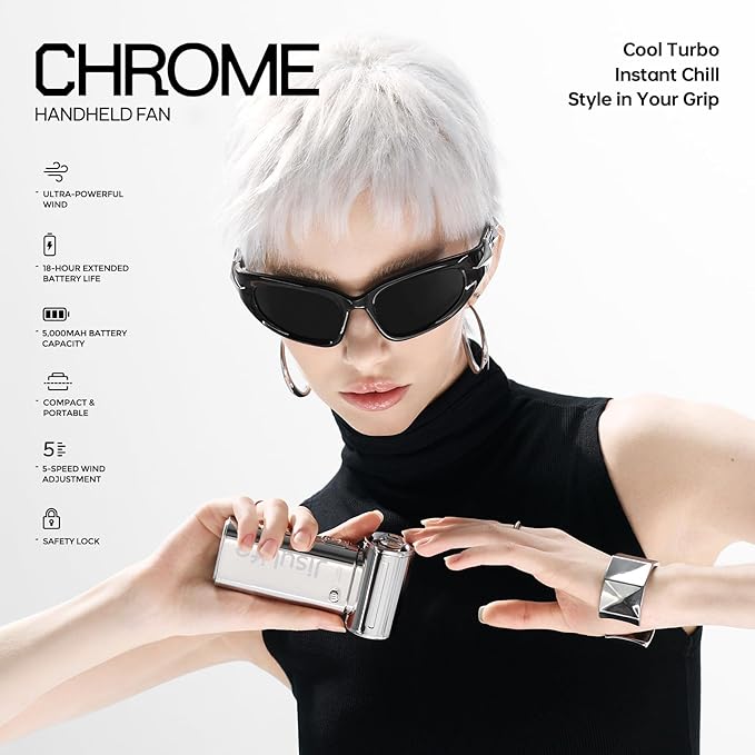 JISULIFE Portable Handheld Fan Life9, Turbo Power High Speed Air [18H Max Cooling Time], 5 Gear Wind, 5000mAh Rechargeable, Mini Pocket Design, Personal Fan for Travel Concerts Camping Makeup - Chrome