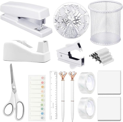 Office Supplies,Desk Accessories, Stapler and Tape Dispenser Set for Women with Stapler, Tape Dispenser, Staple Remover, Staples, Clips, Scissor and Tabs,Gift for Students, Coworkers