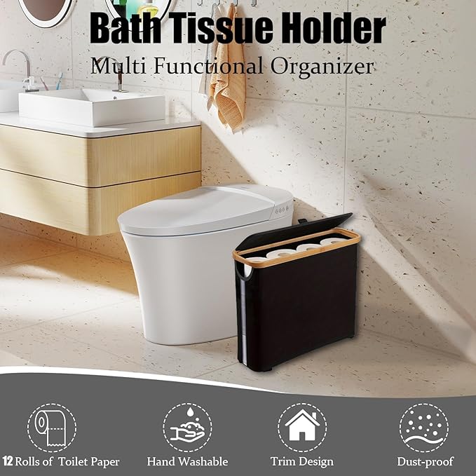 Toilet Paper Roll Storage, Bathroom Slim Toilet Paper Storage with Lid for 12 Rolls, Ultimate Bathroom Organizer with Anti-Slip Base, Black 30L