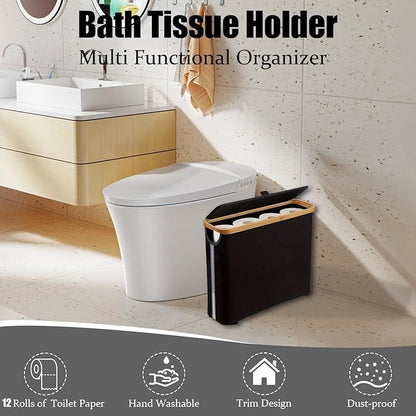 Toilet Paper Roll Storage, Bathroom Slim Toilet Paper Storage with Lid for 12 Rolls, Ultimate Bathroom Organizer with Anti-Slip Base, Black 30L