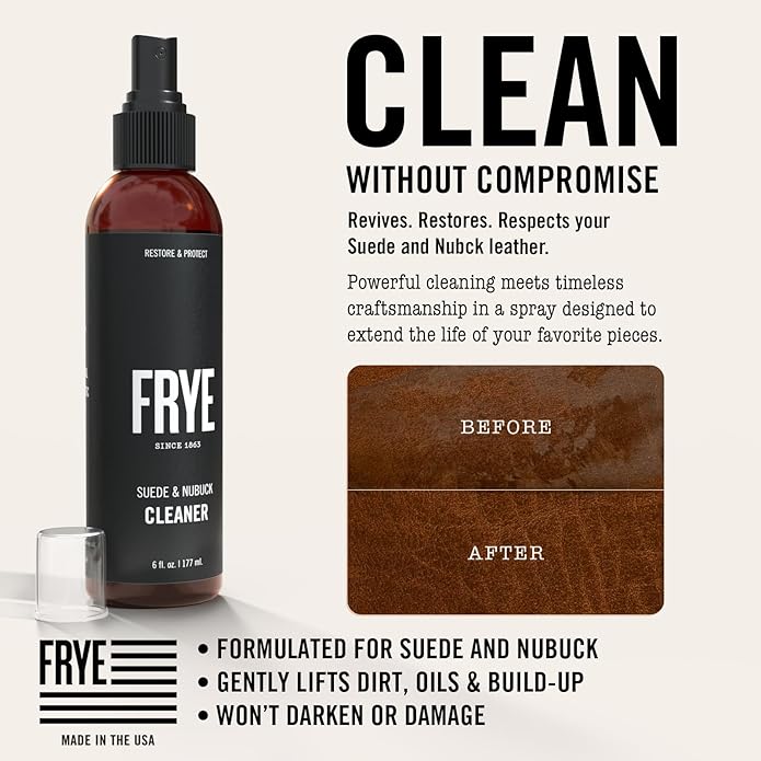 Frye Suede & Nubuck Cleaner: Non-Toxic & Made in the USA. Clean and Restore Suede & Nubuck Shoes, Boots, Jackets, Bags, Purses and More. Safe for Any Color & White