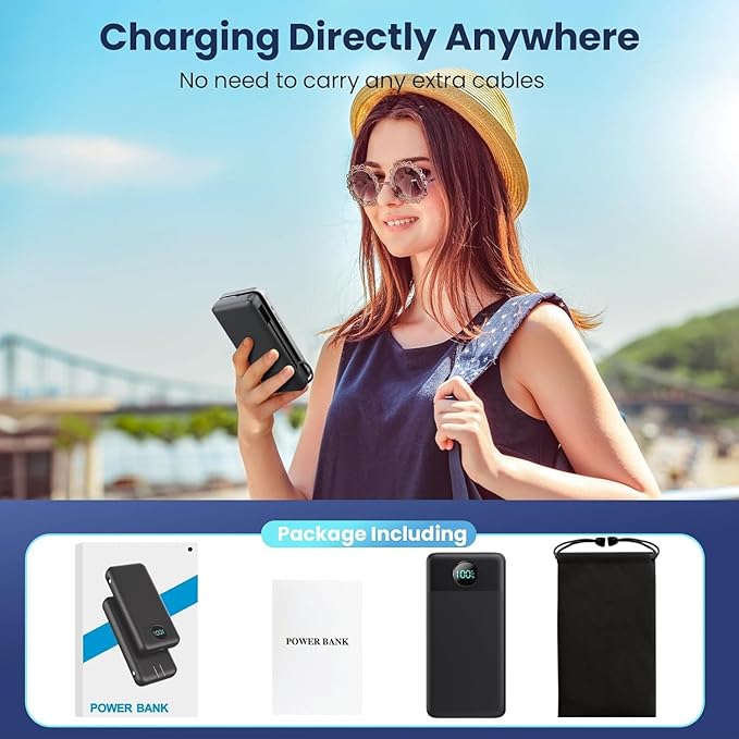 Portable Charger USB C Power Bank with 2 Built in Cables & AC Wall Plug,13800mAh Portable Battery Pack Fast Charging Compact LED Display Universal Compatible with iPhone 17/16,Galaxy S23,Tablets etc